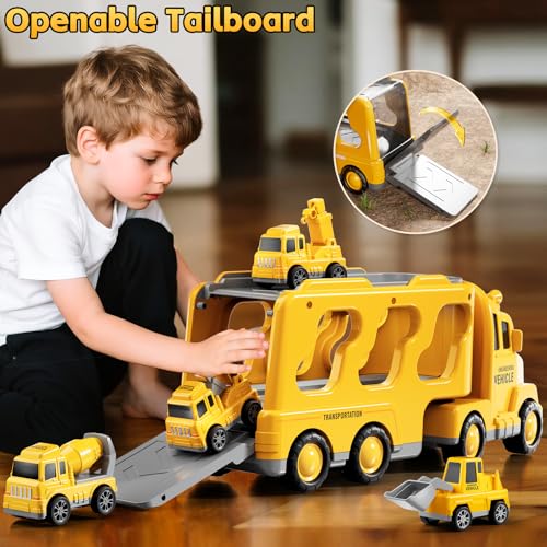 KIZONLY Construction Trucks Toys for 2 3 4 5 Years Old Boys  5in1 Carrier Transport Vehicle Truck for Toddlers 24 Years with Crane Mixer Pushdozer and Excavator Car Toys Birthdays Gift - Image 5