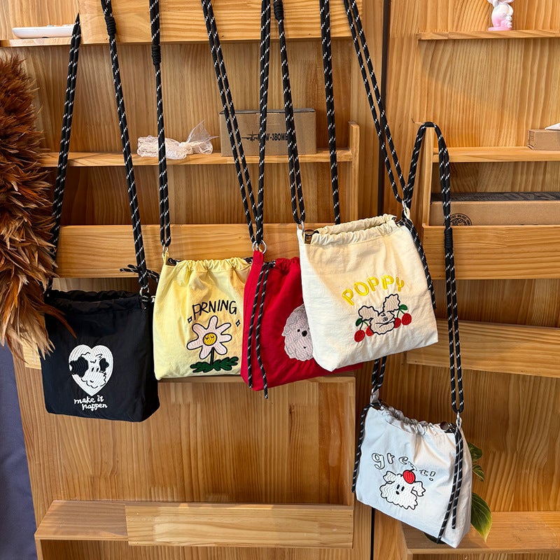Spring New Fashion Embroidered Portable Nylon Mobile Phone Fashionable All-Match Bag Drawstring Pocket Messenger Bag - Image 4