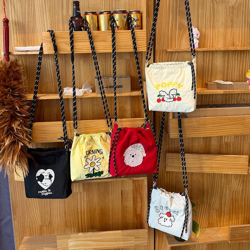 Spring New Fashion Embroidered Portable Nylon Mobile Phone Fashionable All-Match Bag Drawstring Pocket Messenger Bag - Image 3