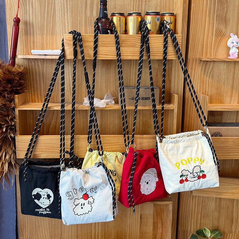 Spring New Fashion Embroidered Portable Nylon Mobile Phone Fashionable All-Match Bag Drawstring Pocket Messenger Bag - Image 2