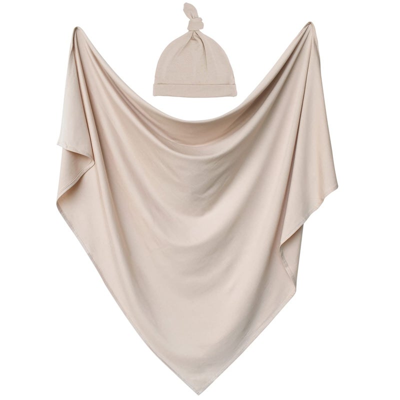 OWLOWLA Swaddle Blanket and Hat Set Newborn Swaddle Wrap Baby Receiving Blanket for Baby Boys Girls(Sand) - Image 1
