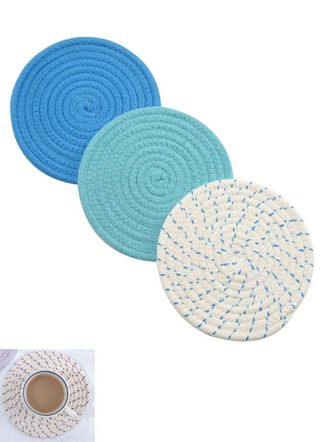 Bukela Heat Insulation and Non-slip, 100% Cotton Kitchen Potholder Set (Set of 3) Fashionable Coasters, Potholders, Insulation Pads, Spoon Rests for Cooking and Baking, 7 Inch Diameter (Blue)  - Image 1