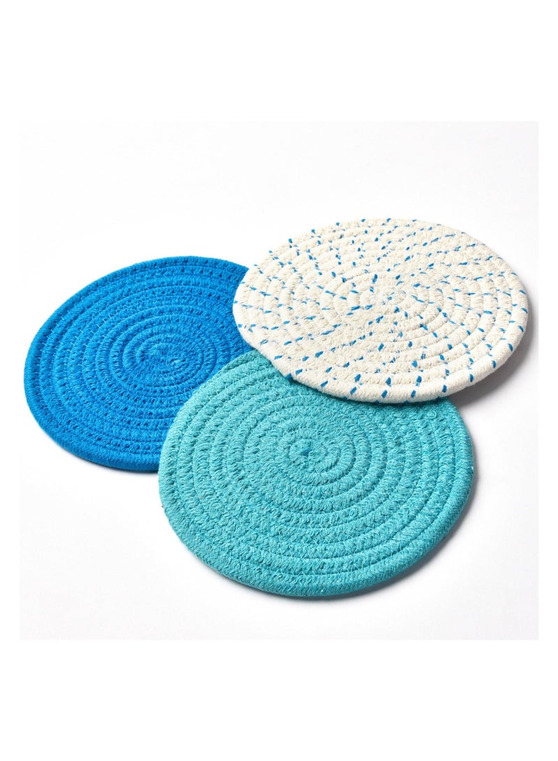 Bukela Heat Insulation and Non-slip, 100% Cotton Kitchen Potholder Set (Set of 3) Fashionable Coasters, Potholders, Insulation Pads, Spoon Rests for Cooking and Baking, 7 Inch Diameter (Blue)  - Image 4