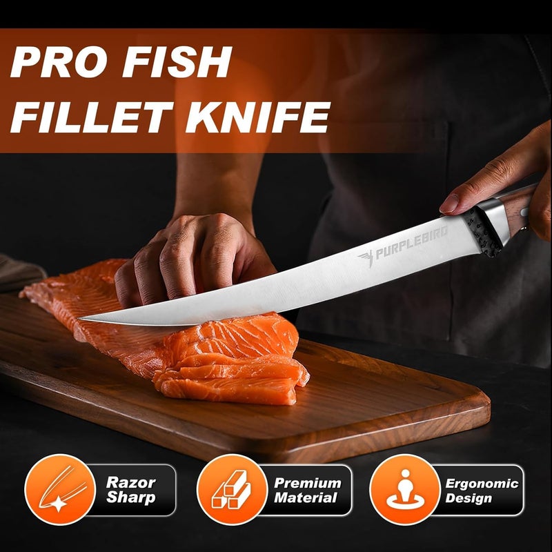 PURPLEBIRD Fillet Knife for Fish 9" with Sheath, 440C Stainless Steel Boning Knife for Meat Cutting with Wood Handle, Fish Fillet KnivesKitchen & Outdoor for Fishing, Hunting, BBQ, Christmas Gifts - Image 2