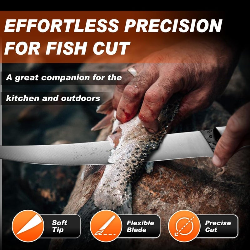 PURPLEBIRD Fillet Knife for Fish 9" with Sheath, 440C Stainless Steel Boning Knife for Meat Cutting with Wood Handle, Fish Fillet KnivesKitchen & Outdoor for Fishing, Hunting, BBQ, Christmas Gifts - Image 4