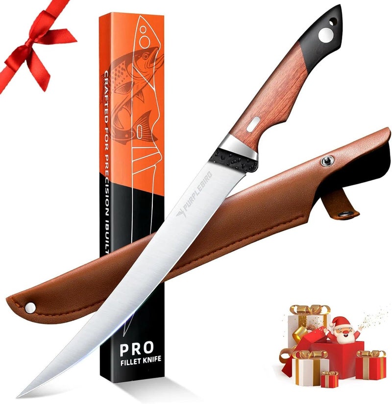PURPLEBIRD Fillet Knife for Fish 9" with Sheath, 440C Stainless Steel Boning Knife for Meat Cutting with Wood Handle, Fish Fillet KnivesKitchen & Outdoor for Fishing, Hunting, BBQ, Christmas Gifts - Image 1