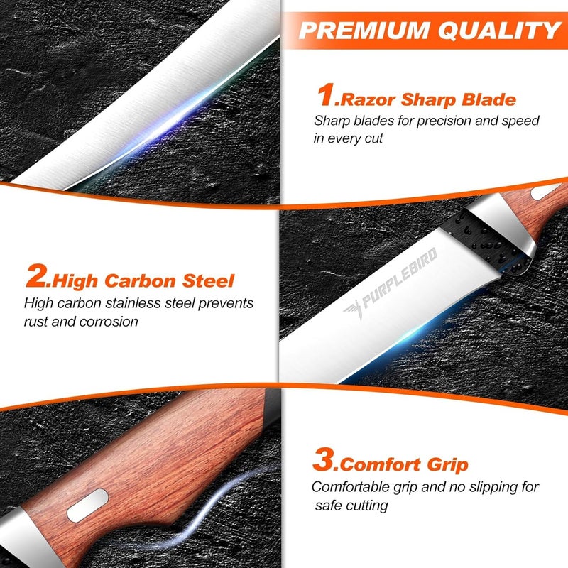 PURPLEBIRD Fillet Knife for Fish 9" with Sheath, 440C Stainless Steel Boning Knife for Meat Cutting with Wood Handle, Fish Fillet KnivesKitchen & Outdoor for Fishing, Hunting, BBQ, Christmas Gifts - Image 3