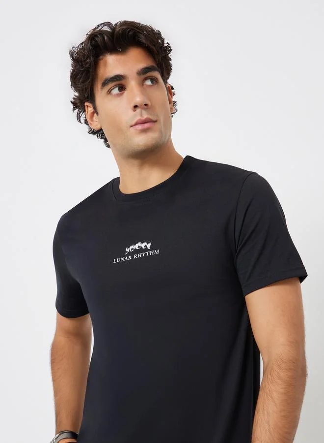 Styli Men Black Slogan Print Regular Fit T-Shirt