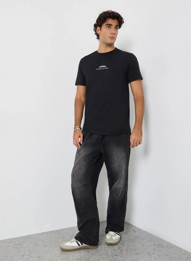 Styli Men Black Slogan Print Regular Fit T-Shirt