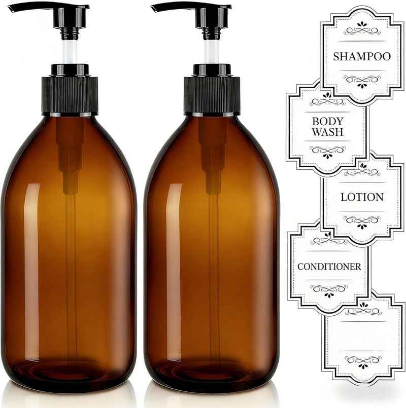 HomePicker 16 oz Amber Glass Soap Dispenser with Pump, Glass Pump Bottle for Lotion Body Oil, 500ml Hand and Dish Soap Dispensers Set with Storage Caps, Labels - 2 Pack - Image 1