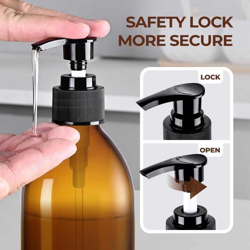HomePicker 16 oz Amber Glass Soap Dispenser with Pump, Glass Pump Bottle for Lotion Body Oil, 500ml Hand and Dish Soap Dispensers Set with Storage Caps, Labels - 2 Pack - Image 3