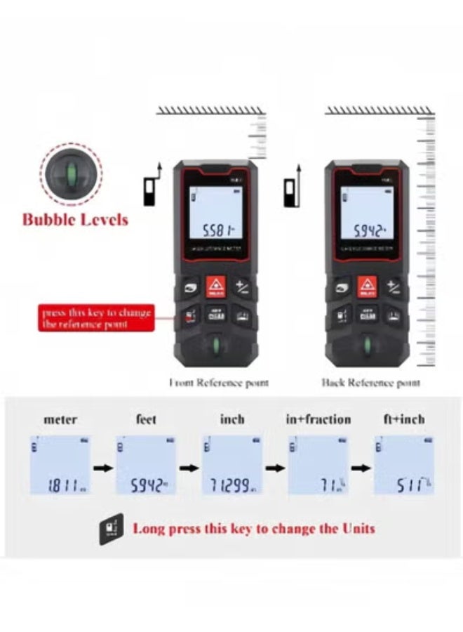 40M Laser Measure,Ft/in/M Unit Switch, LCD Digital  Mini Range Finder with Bubble Level Mini Range Finder, Laser Measurement Tool,Finder Distance/Area/Volume/Pythagorean Measuring - Image 3