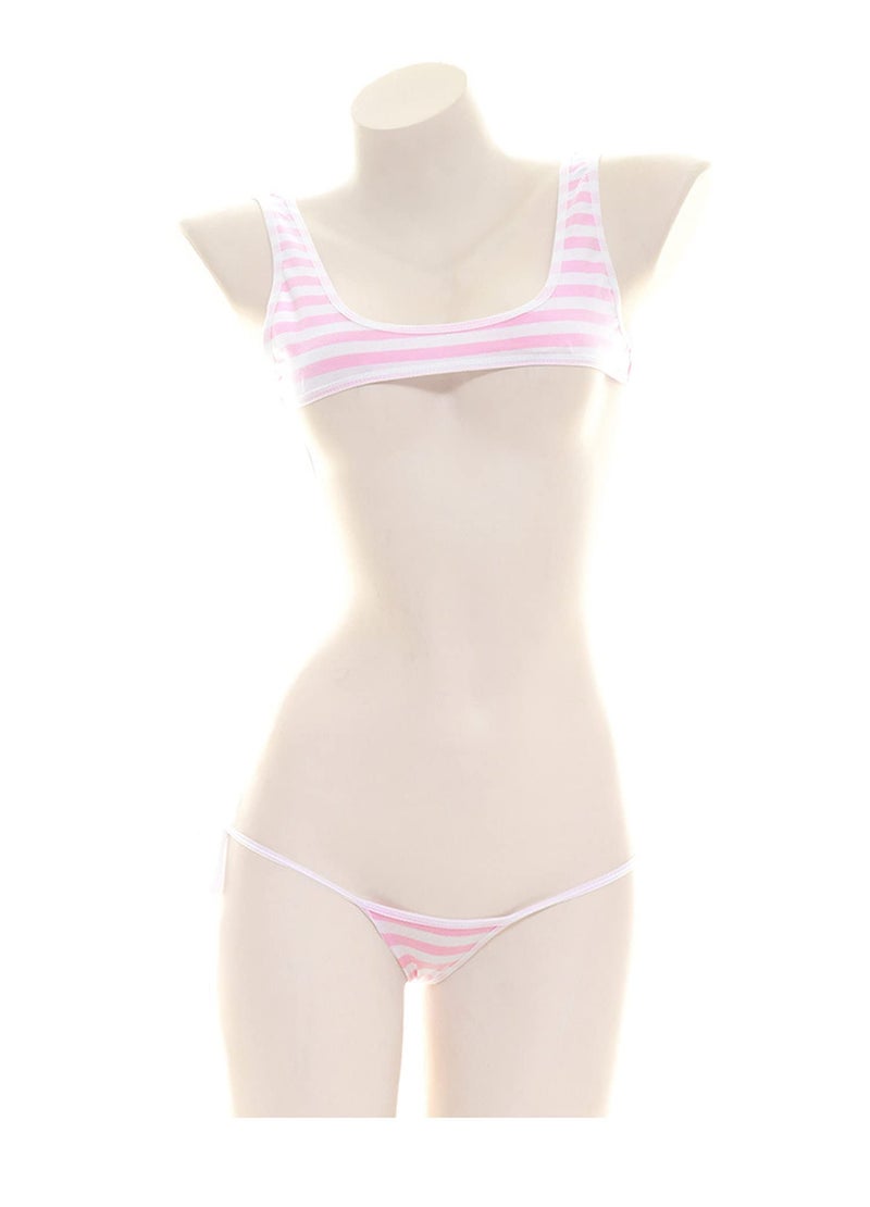 SINMIUANIME Women Japanese Style Anime Lingerie Sexy Blue/Pink Striped Micro Bikini Cosplay Bra and Panty Set (203Pink) - Image 5