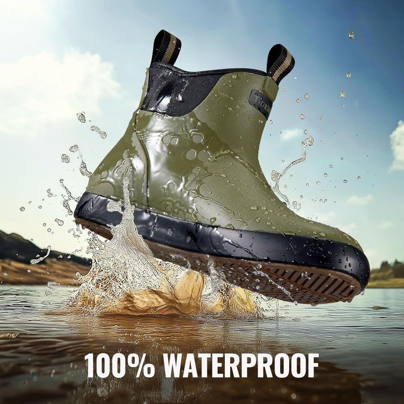 TIDEWE Deck Boots for Men, Waterproof Fishing Boots, Slip On Neoprene Rubber Ankle Rain Boots for Boating (Black Orange, Light Grey & Grey Brown, Size 7-14) - Image 2
