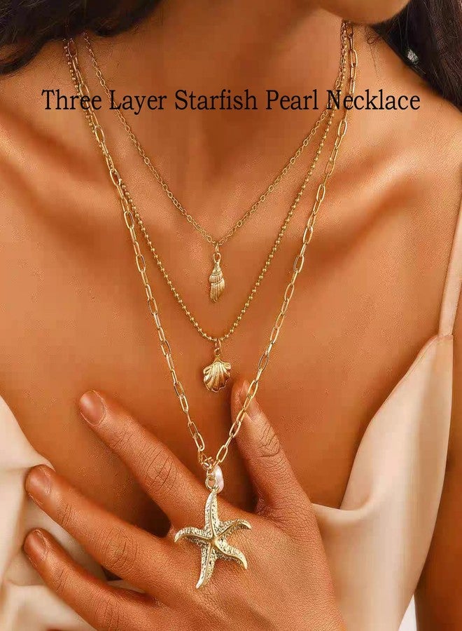 XFSAFDM Beach Jewellery For Women, Layered Necklace For Women, Shell Jewellery With Gold Finish, Elegant Three-Layer Starfish Pendant Necklace For Beach Vacations And Casual Gatherings - Image 4