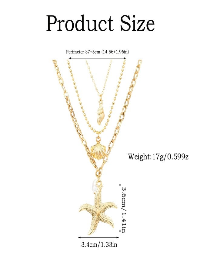 XFSAFDM Beach Jewellery For Women, Layered Necklace For Women, Shell Jewellery With Gold Finish, Elegant Three-Layer Starfish Pendant Necklace For Beach Vacations And Casual Gatherings - Image 2