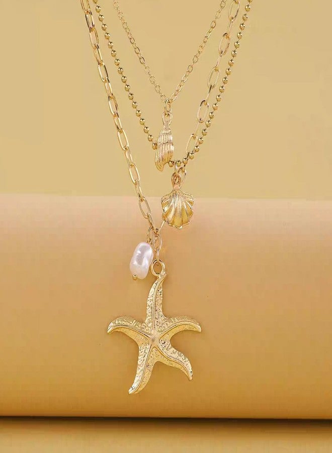 XFSAFDM Beach Jewellery For Women, Layered Necklace For Women, Shell Jewellery With Gold Finish, Elegant Three-Layer Starfish Pendant Necklace For Beach Vacations And Casual Gatherings - Image 5