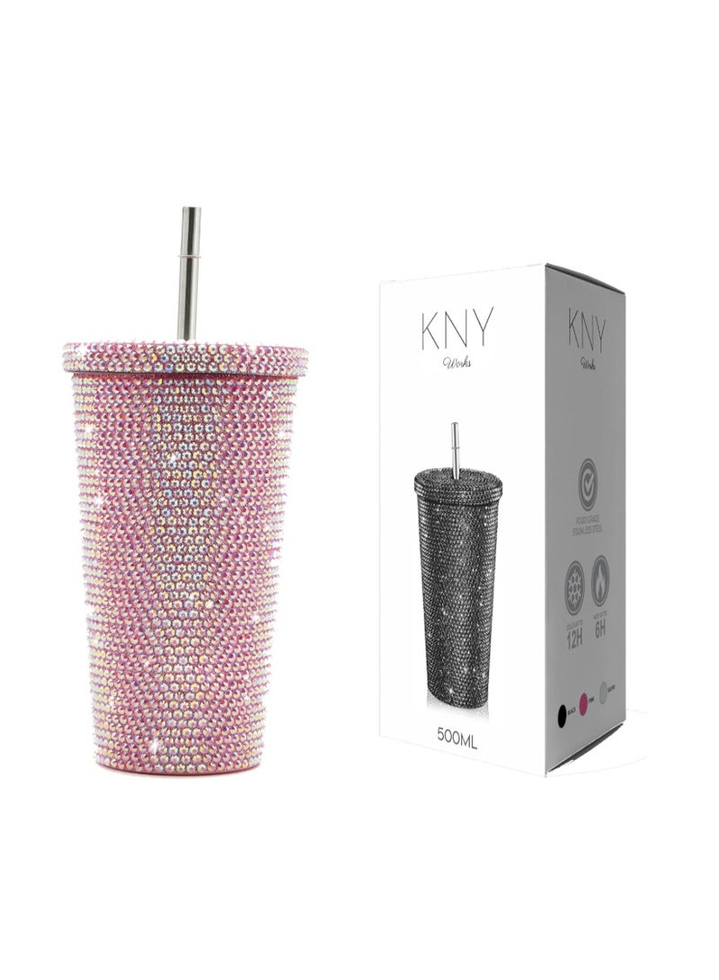 KNY Works كوب قهوة للسفر 500 مل - كوب معزول بتفريغ الهواء من الفولاذ المقاوم للصدأ مع غطاء وماصة قابلة لإعادة الاستخدام، زجاجة مياه حرارية مزدوجة الجدار للمشروبات الساخنة والباردة والشاي المثلج والقهوة (أحجار وردية) - Image 1