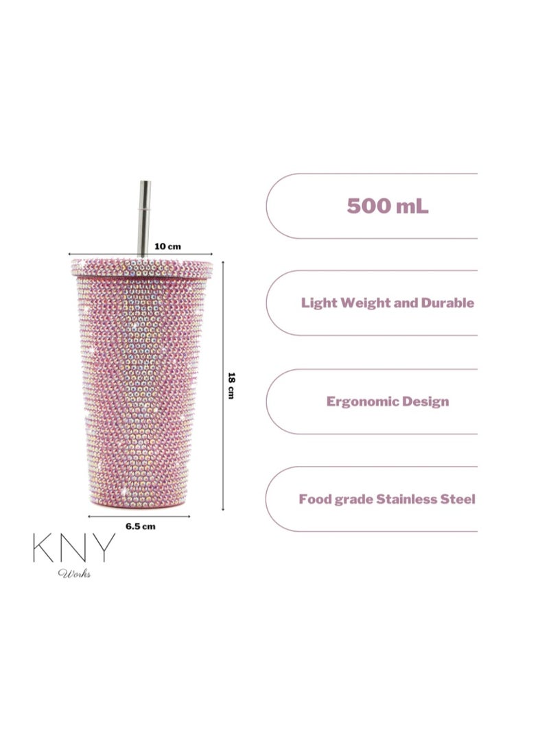 KNY Works كوب قهوة للسفر 500 مل - كوب معزول بتفريغ الهواء من الفولاذ المقاوم للصدأ مع غطاء وماصة قابلة لإعادة الاستخدام، زجاجة مياه حرارية مزدوجة الجدار للمشروبات الساخنة والباردة والشاي المثلج والقهوة (أحجار وردية) - Image 3