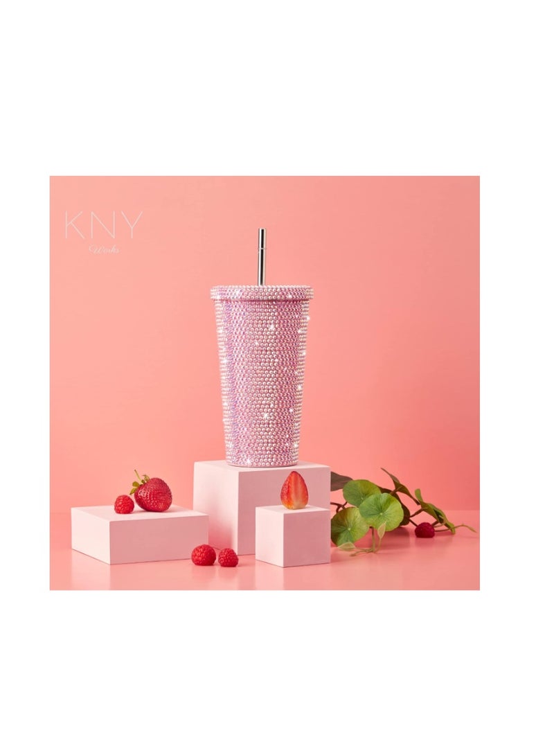 KNY Works كوب قهوة للسفر 500 مل - كوب معزول بتفريغ الهواء من الفولاذ المقاوم للصدأ مع غطاء وماصة قابلة لإعادة الاستخدام، زجاجة مياه حرارية مزدوجة الجدار للمشروبات الساخنة والباردة والشاي المثلج والقهوة (أحجار وردية) - Image 2