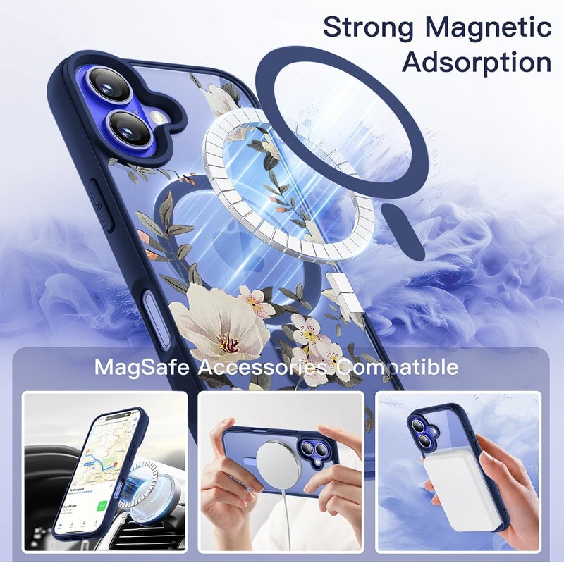 VONZEE Compatible with iPhone 16 Case Luxury Retro Flowers Floral Clear for Magnetic Wireless Charging Case Shockproof Case PC+TPU Cute Glossy Shiny Cover for Girls Women, 6.1'' Navy Blue - Image 3