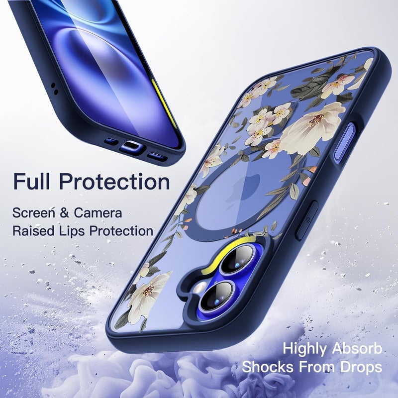 VONZEE Compatible with iPhone 16 Case Luxury Retro Flowers Floral Clear for Magnetic Wireless Charging Case Shockproof Case PC+TPU Cute Glossy Shiny Cover for Girls Women, 6.1'' Navy Blue - Image 5