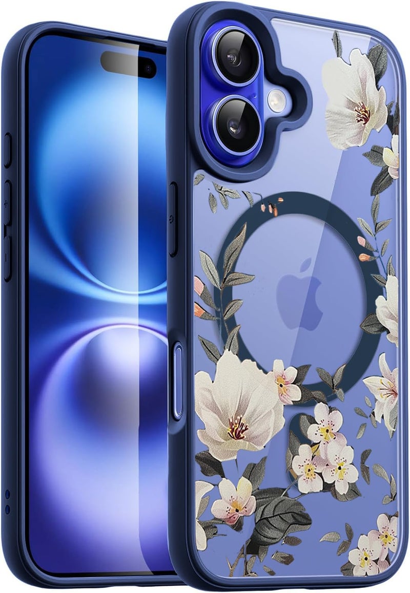 VONZEE Compatible with iPhone 16 Case Luxury Retro Flowers Floral Clear for Magnetic Wireless Charging Case Shockproof Case PC+TPU Cute Glossy Shiny Cover for Girls Women, 6.1'' Navy Blue - Image 1