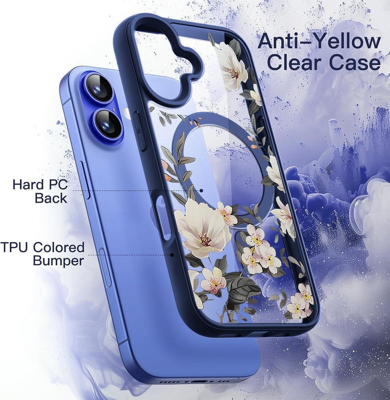 VONZEE Compatible with iPhone 16 Case Luxury Retro Flowers Floral Clear for Magnetic Wireless Charging Case Shockproof Case PC+TPU Cute Glossy Shiny Cover for Girls Women, 6.1'' Navy Blue - Image 4