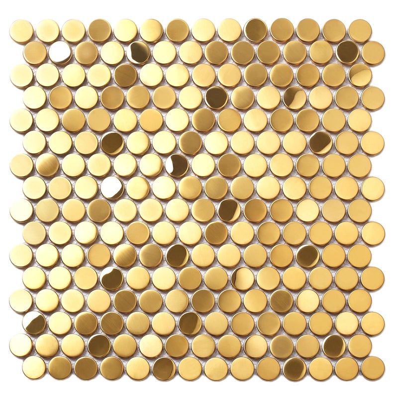 Blujellyfish Gold Backsplash Tile Penny Round Mosaics 34 Golden Stainless Steel Tiles for Wall Backsplash Shower Floor Box of 5 Sheets