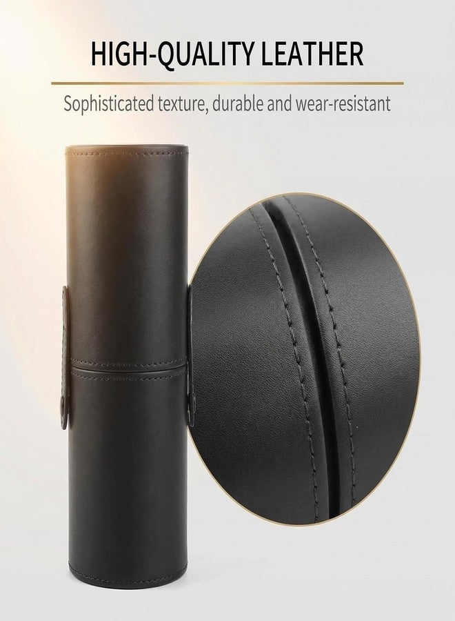 VANTOBEST PU Leather Makeup Brush Holder Travel Makeup Brushes Case Makeup Brush Case Organizer Cosmetic Cup Cylinder Makeup Brush Storage Box with Button for Women (Black) - Image 3