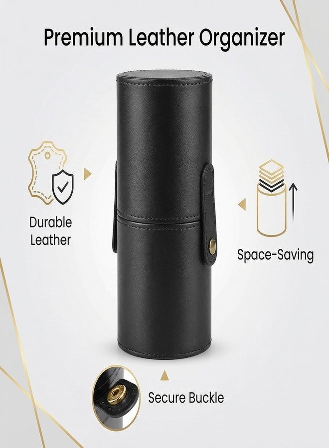VANTOBEST PU Leather Makeup Brush Holder Travel Makeup Brushes Case Makeup Brush Case Organizer Cosmetic Cup Cylinder Makeup Brush Storage Box with Button for Women (Black) - Image 4
