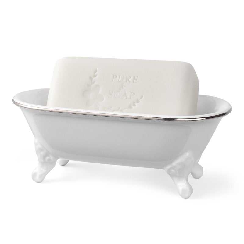 NEWHENGS 6.5" Ceramic Mini Decorative Clawfoot Bathtub Bar Soap Dish, Kitchen Sponge Holder and Shower Tray for Bathroom, 1 Pack (White Silver Rim) - Image 1