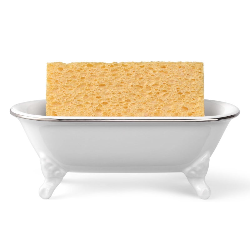 NEWHENGS 6.5" Ceramic Mini Decorative Clawfoot Bathtub Bar Soap Dish, Kitchen Sponge Holder and Shower Tray for Bathroom, 1 Pack (White Silver Rim) - Image 2