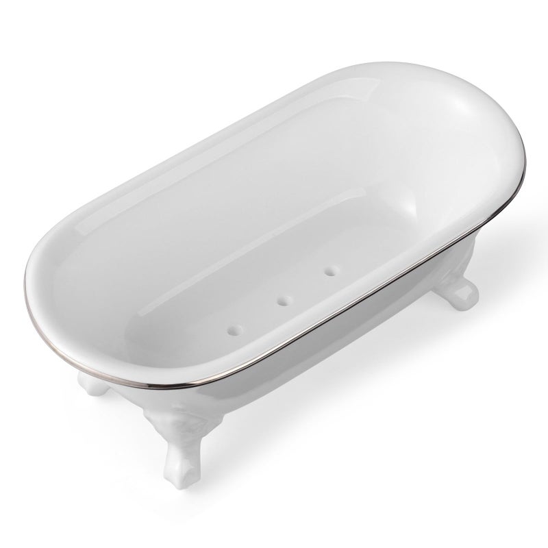 NEWHENGS 6.5" Ceramic Mini Decorative Clawfoot Bathtub Bar Soap Dish, Kitchen Sponge Holder and Shower Tray for Bathroom, 1 Pack (White Silver Rim) - Image 4