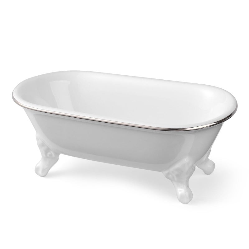 NEWHENGS 6.5" Ceramic Mini Decorative Clawfoot Bathtub Bar Soap Dish, Kitchen Sponge Holder and Shower Tray for Bathroom, 1 Pack (White Silver Rim) - Image 3