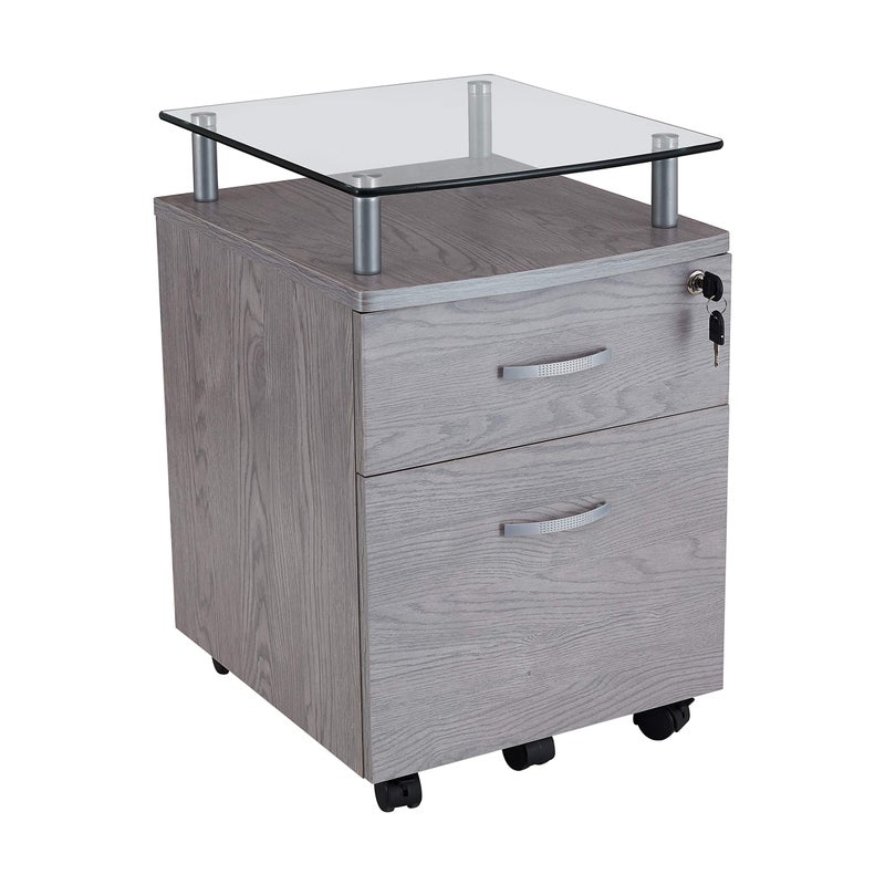 Techni Mobili 2Drawer Rolling File Cabinet with Lock and Glass Top Under Desk File Cabinet with Wheels Printer Stand Grey
