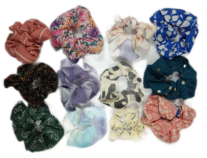 Generic Pack of 12Pcs Printed Scrunchies Hair Rubber Band Print Rubber Bands Multicolor Scrunchie Ponytail Holders Hair Ties For Women Girls Ladies Hair Accessories  - Image 1