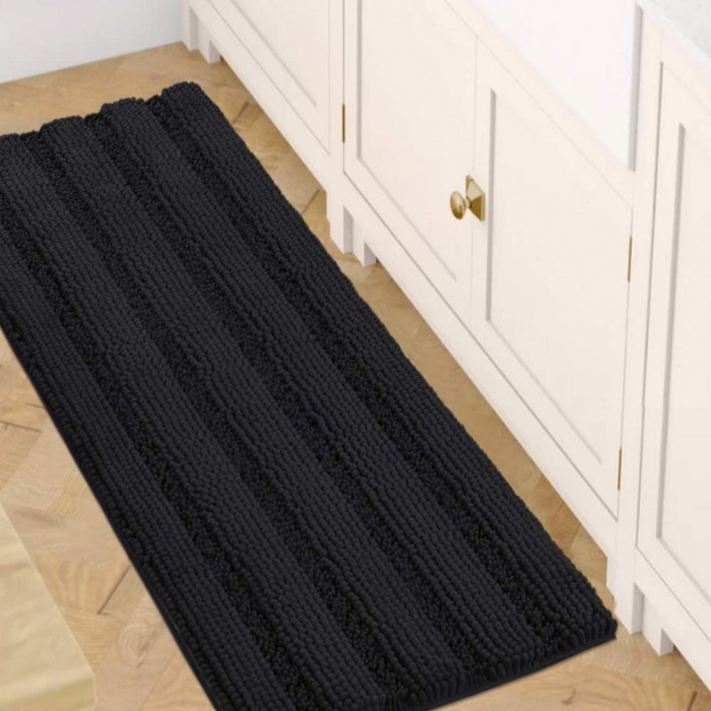 HVERSAILTEX Bath Rugs for Bathroom Non Slip Bath Mats Extra Thick Chenille Striped Bath Rug Runners 47 x 17 Absorbent Fluffy Soft Shaggy Mats Dry Fast Plush Area Carpet for Bath Room Black