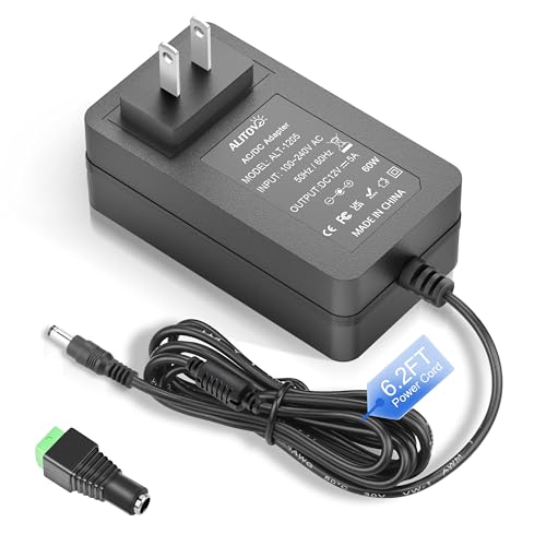 ALITOVE 12V DC Power Supply 5A AC Adapter 100-240V to 12 Volt Transformer 5 Amp 4A 3A 6.2FT 12V Power Supply Cord 5.5 x 2.5mm with Wiring Terminal for LED Light CCTV Security Camera PC Monitor Router - Image 1