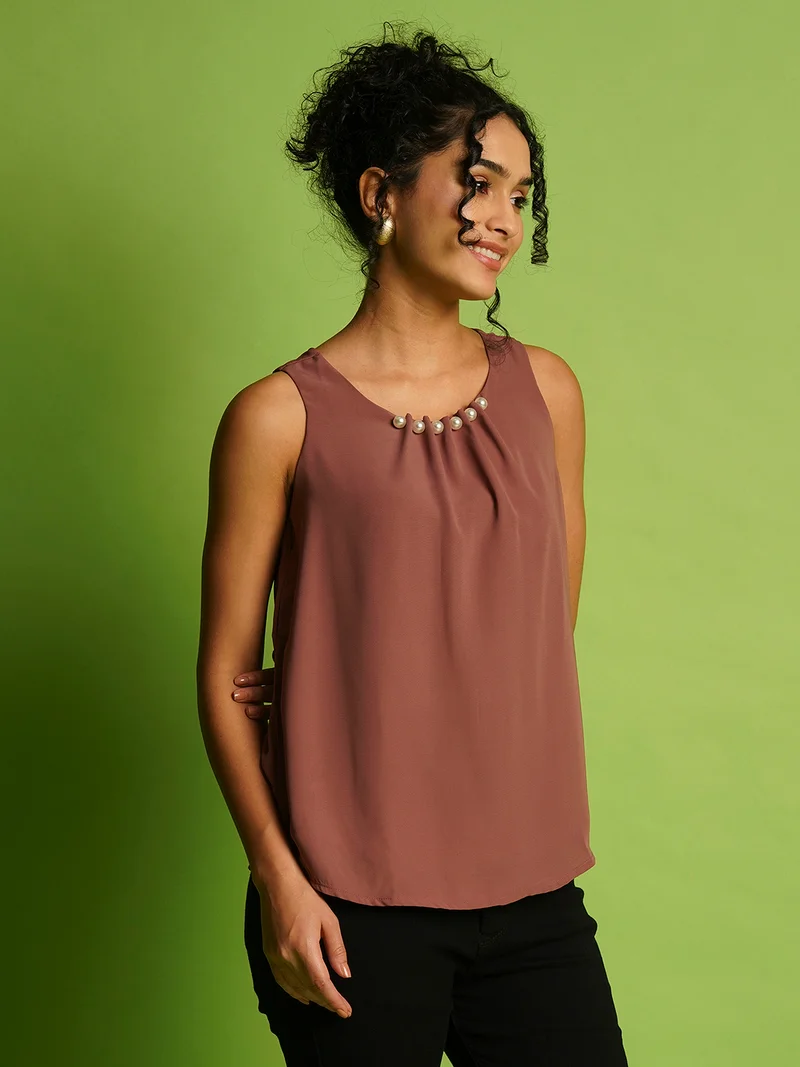 globus Globus Women Studded Solid Round Neck Sleeveless Top