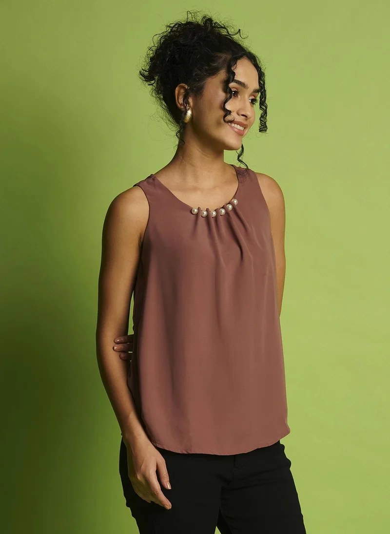 globus Globus Women Studded Solid Round Neck Sleeveless Top