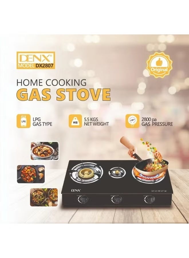 Denx 3 Burner Gas Stove with Auto Ignition, Portable Tabletop Stove with Tempered Glass Top, Cast Iron Burners and Durable Pot Holders - Perfect for Home, Apartment, Kitchen, Camping and Outdoor Parties - Image 4