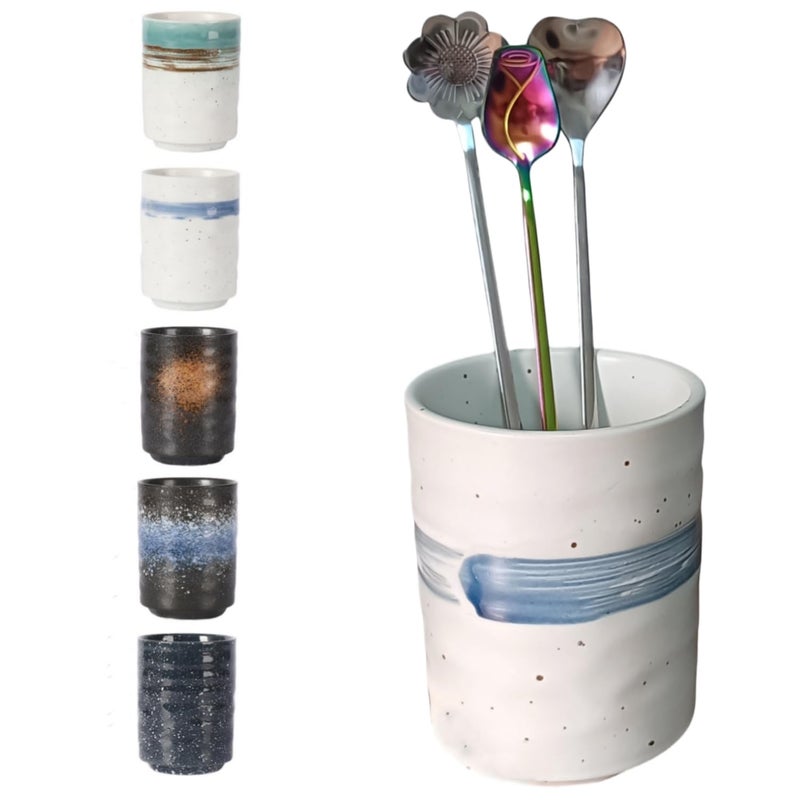 TOPYOKK Stoneware Coffee Bar Utensil Holder Tea Coffee Spoon Stirrer Holder for Stir Stick Straw Teaspoon Holder Spoon Cup Small Utensil Jar Blue feather