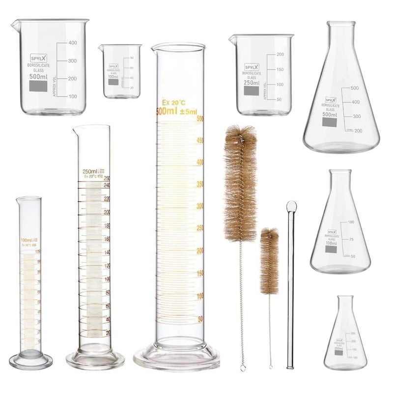 SPYLX SPYLX Borosilicate glass Chemistry lab kit Chemistry kit includes Borosilicate glass beakers 100ml250ml500ml Conical flask 100ml250ml500ml Measuring cylinder 100ml250ml500ml1 glass rod brush - Image 1