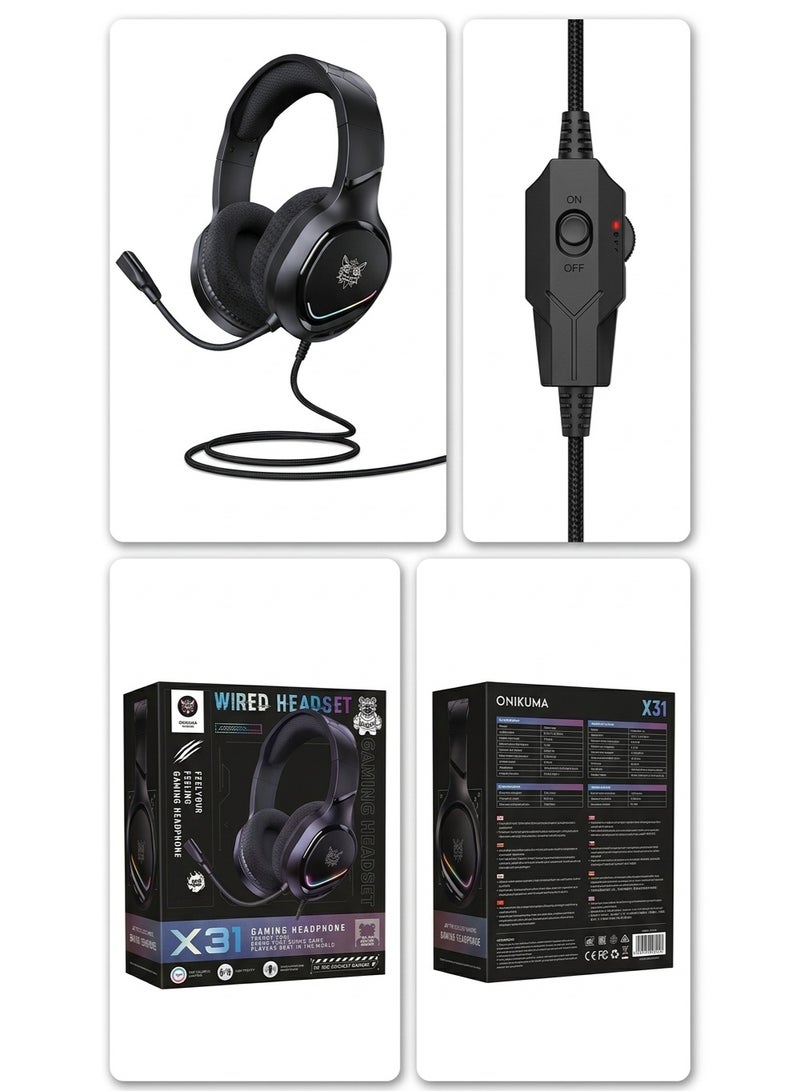 Onikuma X31 Wired RGB Gaming Headset – 50mm Driver, Noise-Cancelling Mic, 3.5mm & USB – Black - Image 2