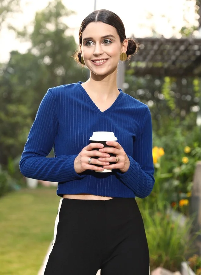 STREET 9 BASICS Blue Solid Crop Top for Women