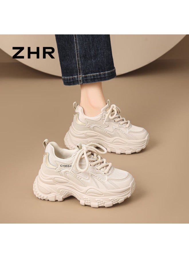 Zhr Thick Sole Platform Dad Shoes Women Internal Height Increase Lightweight Spring Autumn Simple Versatile Casual Shoes Ks270 Beige Size 38 - Image 1