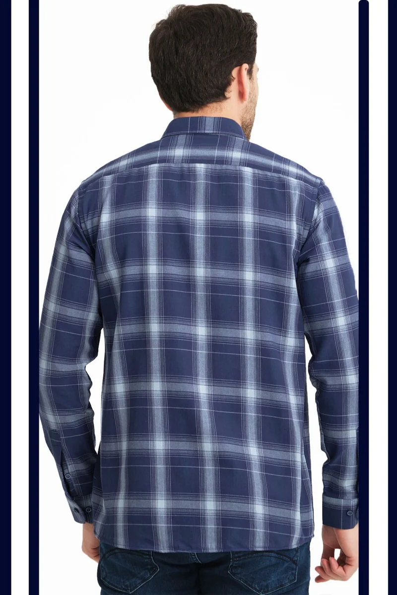 Varetta Men's Navy Blue Checkered Pocket Wide Cut Long Sleeve Shirt