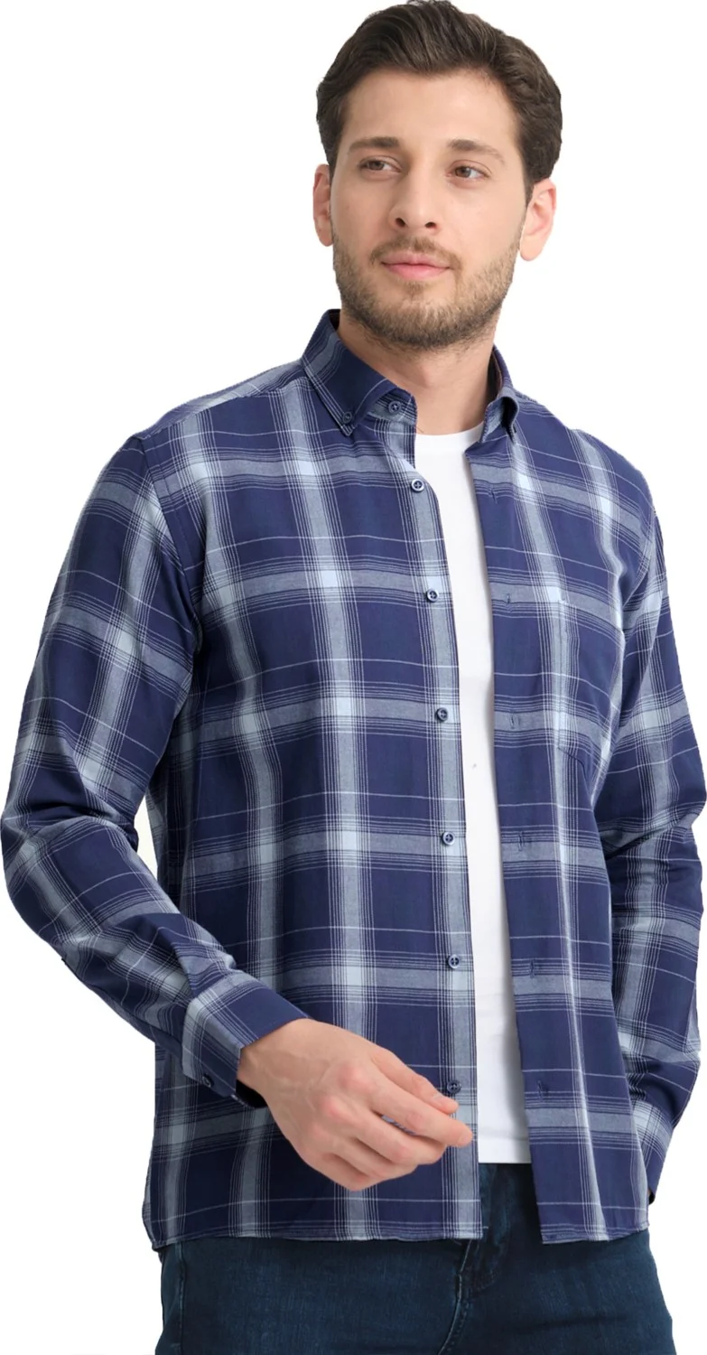 Varetta Men's Navy Blue Checkered Pocket Wide Cut Long Sleeve Shirt