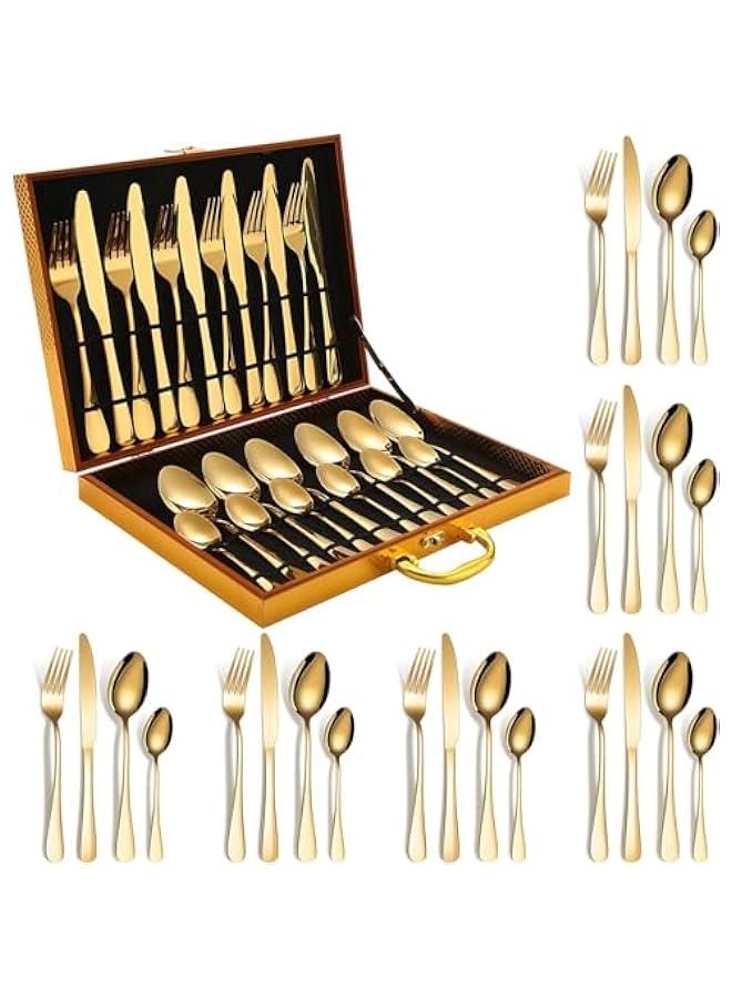 هوكور مجموعة ادوات مائدة ذهبية فاخرة من تراسل، 24 قطعة مع صندوق هدايا خشبي، مجموعة ادوات مائدة من الستانلس ستيل مع صندوق فضيات محمول، مجموعة ادوات مائدة ذهبية فاخرة - Image 1